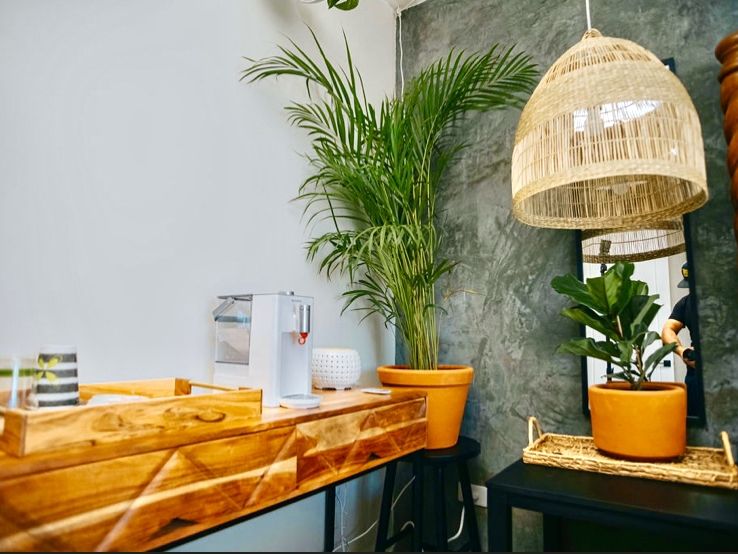 Mueble de madera con dispensador de agua caliente, té y café de cortesía junto a una palmera