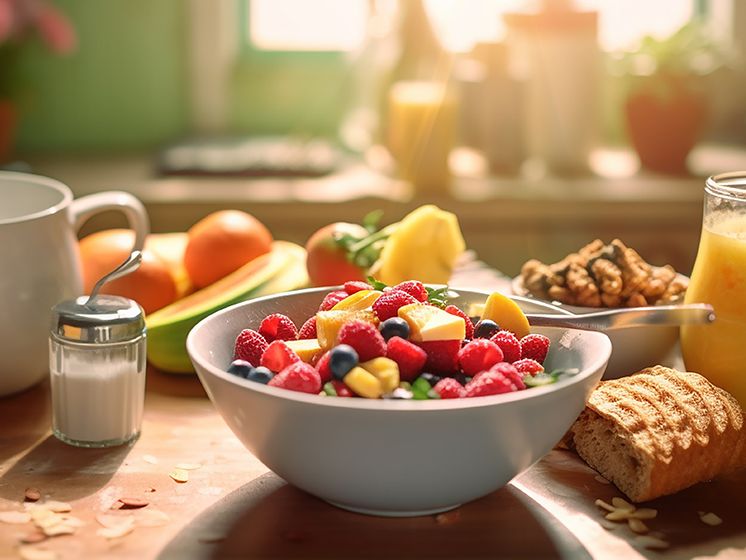 Desayuno con fruta, pan, jugo de naranja y café sobre una mesa de madera