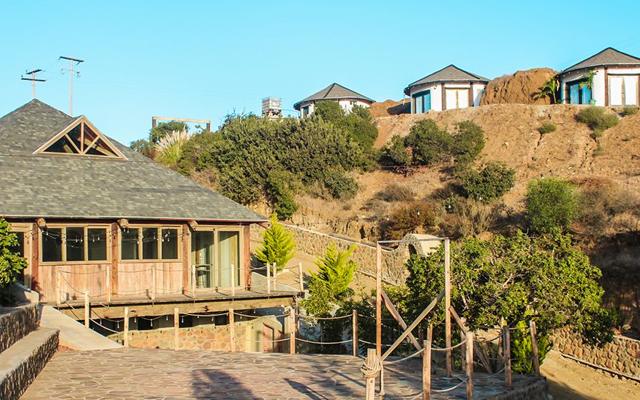 Cabañas y bungalows de Raíz Resort en la ladera de Los Manantiales, entre plantas nativas